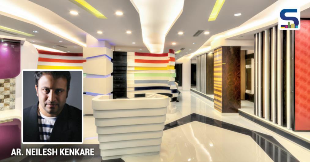 The colourfull bands form a rhythmic design along with the white wall surfaces. These walls are done up in Corian to highlight the free flowing jointless quality of the material.
