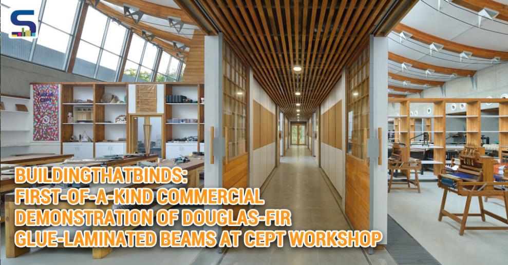CEPT Centre of Excellence Workshop’s commercial demonstration of Douglas-fir glue-laminated beams. The building also showcases varied B.C. wood species in other structural and interior applications.