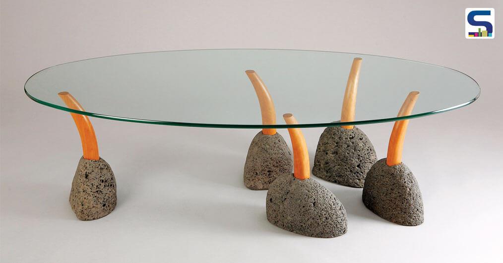 Seth Rolland’s sprout coffee table is made from natural stone and sustainably harvested wood.  Three of the legs are set at a fixed height, with additional ones adjustable to accommodate uneven floors.