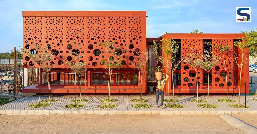 The Japanese Resist Dyeing Technique Characterises The Red Dotted Facade of the Shibori Office | tHE gRID Architects | Gandhinagar