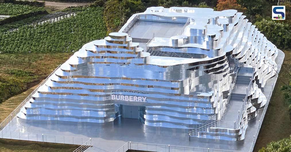 Mirrored Pop Up Store On Jeju Island In South Korea, Reflecting Surrounding Hilly Landscape | Burberry