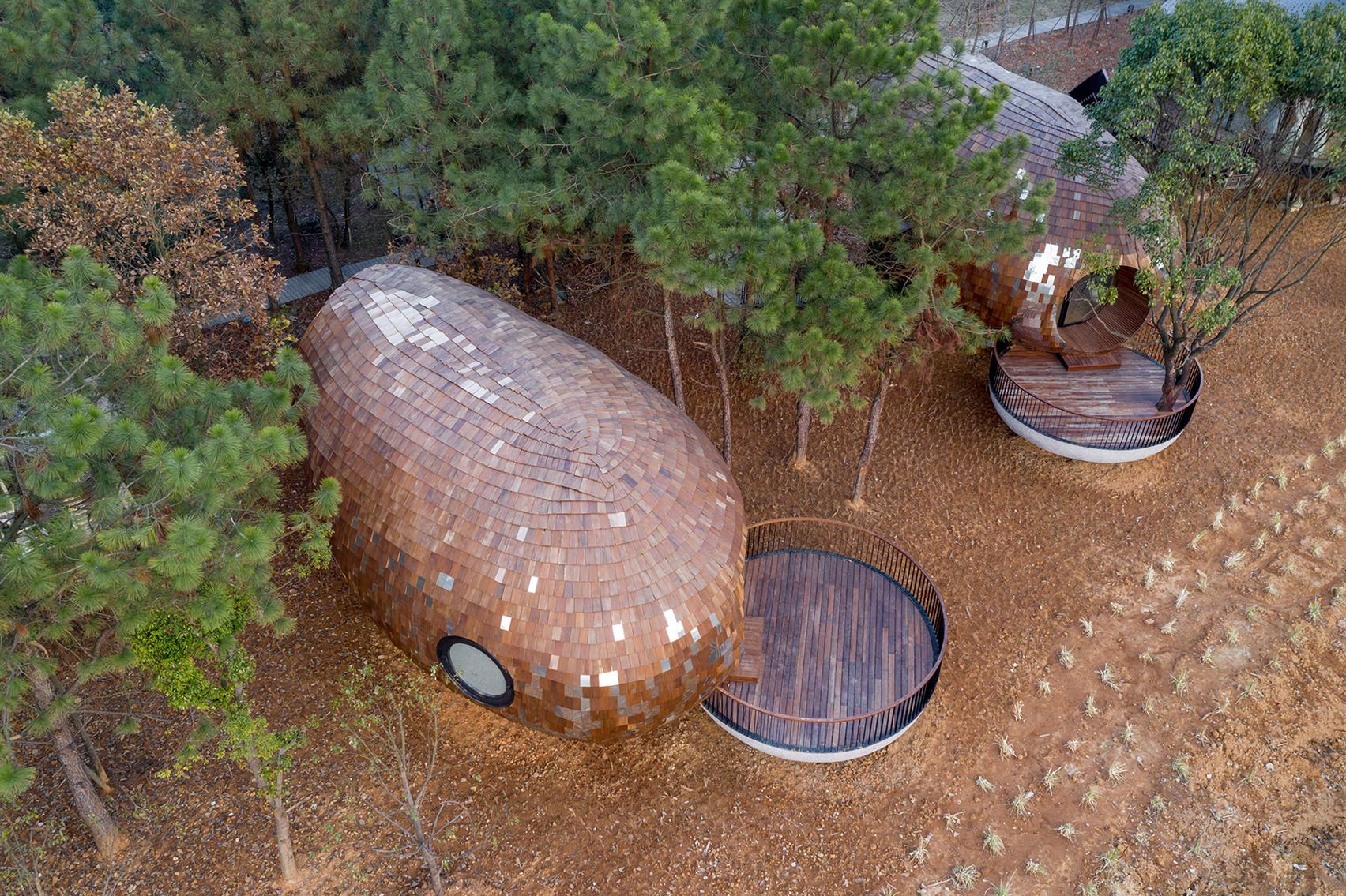 The Mushroom by ZJJZ is a cone-shaped guest house in the woods of Jiangxi,  China