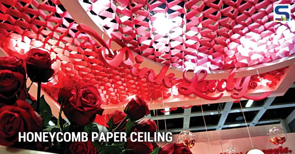 Created by Procedes Chenel International, Honeycomb Paper Ceiling is a succession of honeycomb paper cells to mask any upper views/false ceiling/air conditioning ducts/ceiling lights, etc. The material and techniques are fire retardant (M1) and designed for use in public places.