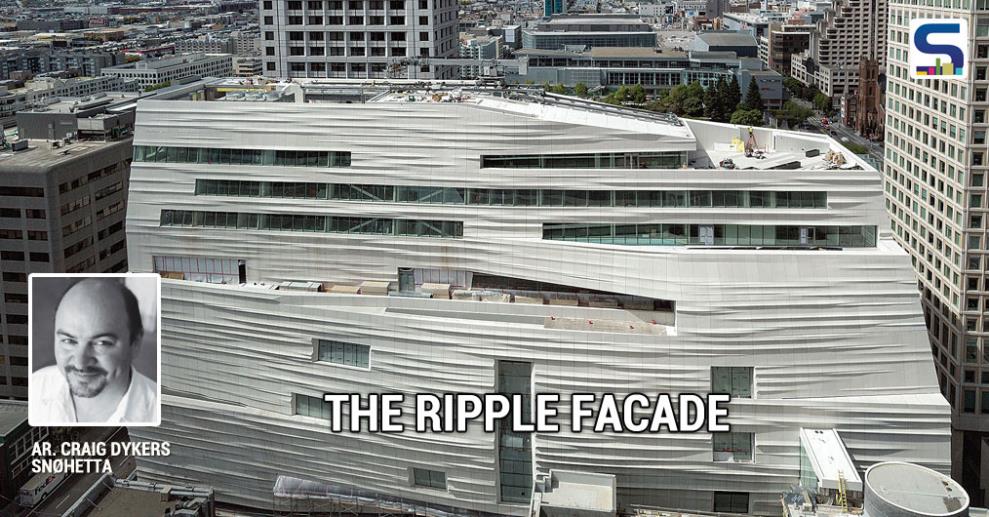 The ripple-faced panels on the facade simulate the water in nearby San Francisco Bay. Silicate crystals from Monterey Bay embedded in the surfaces of the panels catch the changing light and cause the façade to shift in appearance throughout the day.