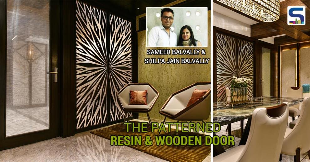 Upon entering the intricately designed solid wood door, once faces the Temple next to waiting area, flanked on both sides with a uniquely custom designed feature in solid wood and resin. The custom-designed pattern inspired from the starburst not only imparts diffused light and shadow patterns.