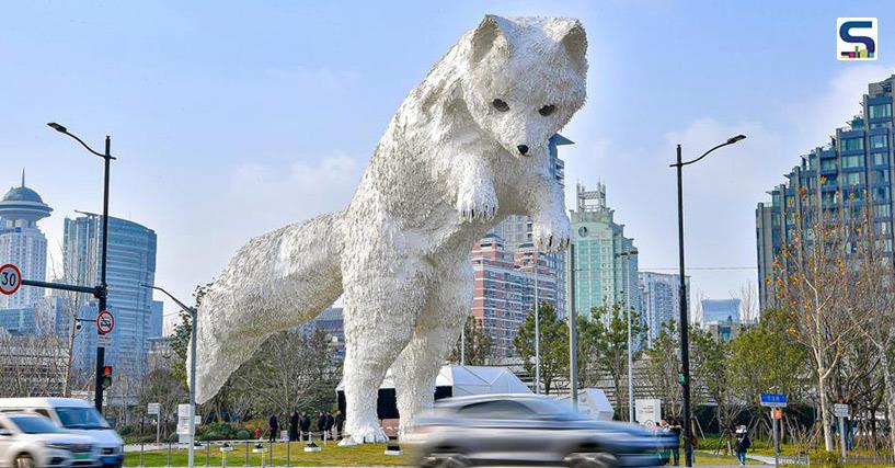Towering Arctic Fox adorned with 380,000 Manually Applied Eco-Friendly Tyvek Paper Pieces for Fluffy Fur