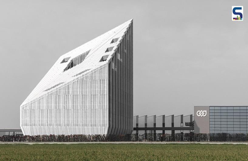 Italian architectural firm Peter Pichler Architecture has created the modern headquarters for Bonfiglioli, a manufacturing company located in Bologna. The building stands out with its angular design and a tilted roof covered in pleated mesh.