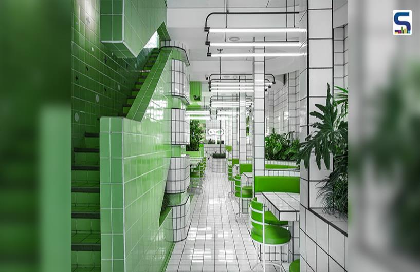 Green and White Tiled Facade and Interiors for a Vegan Restaurant in Chandigarh | Renesa Architecture Design Interiors