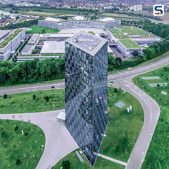 3D-printing robots and remote-controlled flying objects to automated designs that use biomimicry to catch the wind, automated glass facade, reinforced concrete structure, electrochromic glass panels.