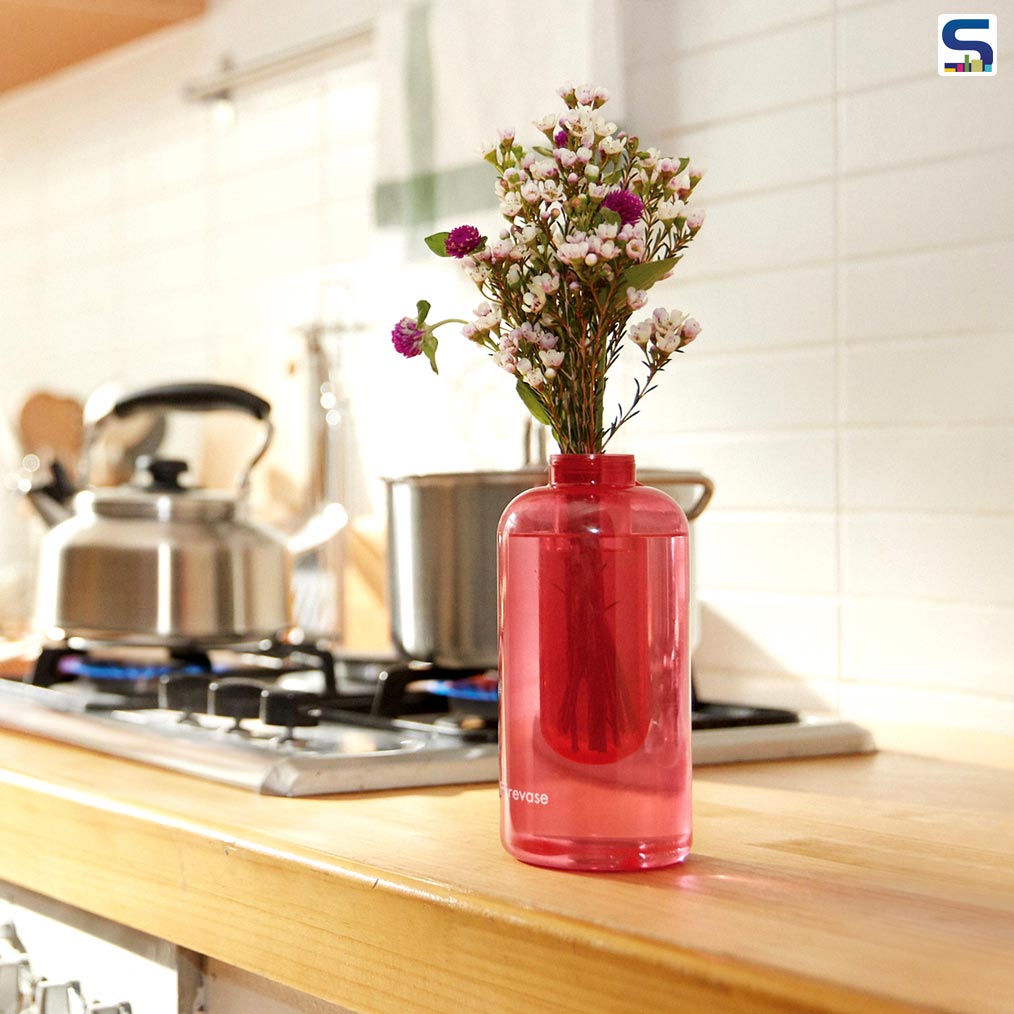Appearing to be a simple flower vase made from translucent red glass for decorative purpose, this is actually a fire extinguisher designed by subsidiaries of the Samsung corporation to merge into the interior where it can be within easy reach in case of an emergency.