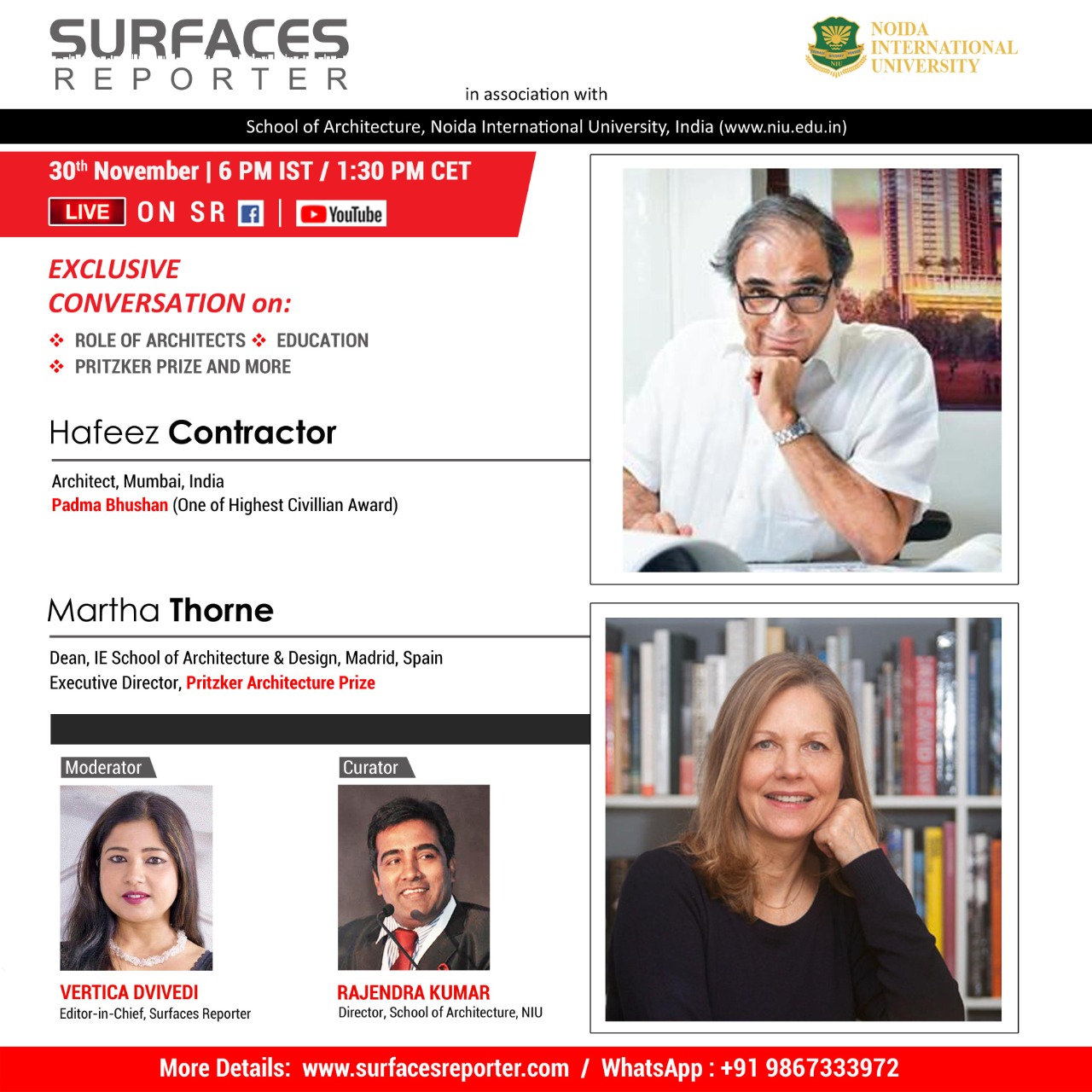 LIVE! Exclusive E-Talk | Padma Bhushan Awardee Hafeez Contractor and Executive Director of the Pritzker Architecture Prize Martha Thorne | Vertica Dvivedi & Ar Rajendra Kumar |  30th NOV | MON | 1:30