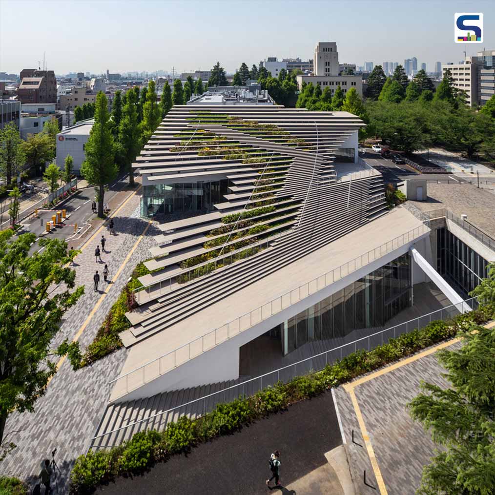 Kengo Kuma Designed Wooden Stepped Garden in the Sloped Roof of This Student Exchange Hub in Tokyo