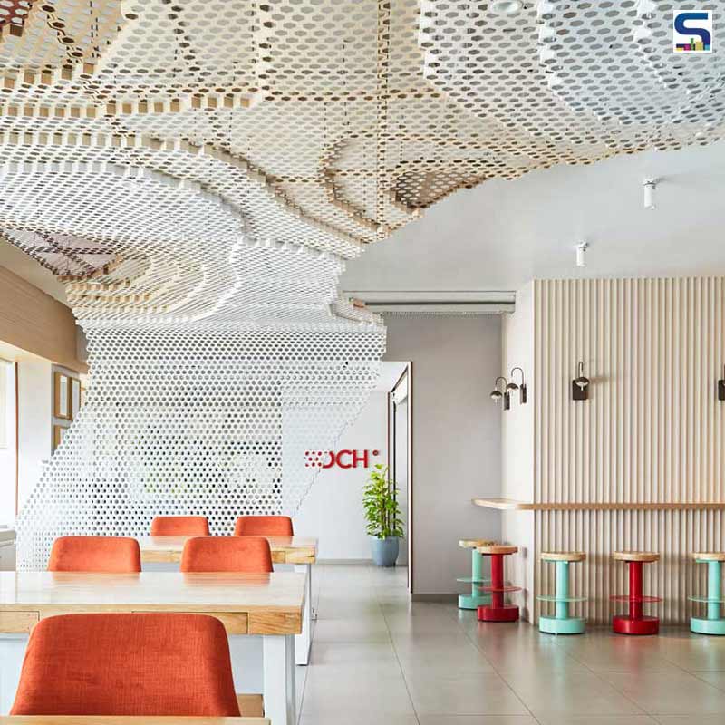Charming Aluminium Meshwork Travels Through The Ceiling of Soch Office in Mumbai | Saniya Kantawala Design