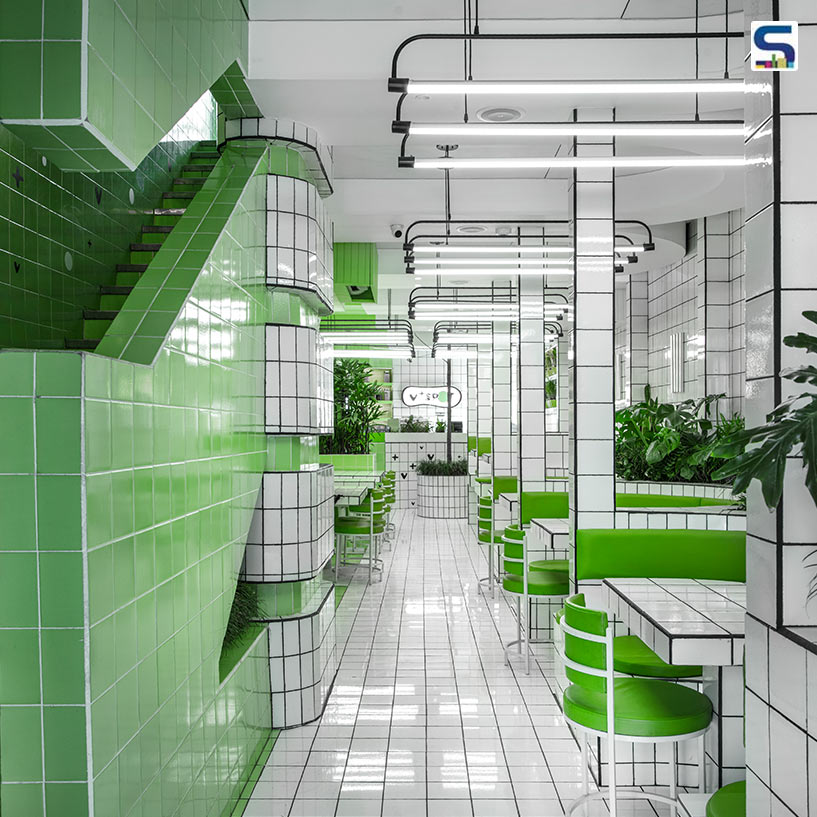 Green and White Tiled Facade and Interiors for a Vegan Restaurant in Chandigarh | Renesa Architecture Design Interiors